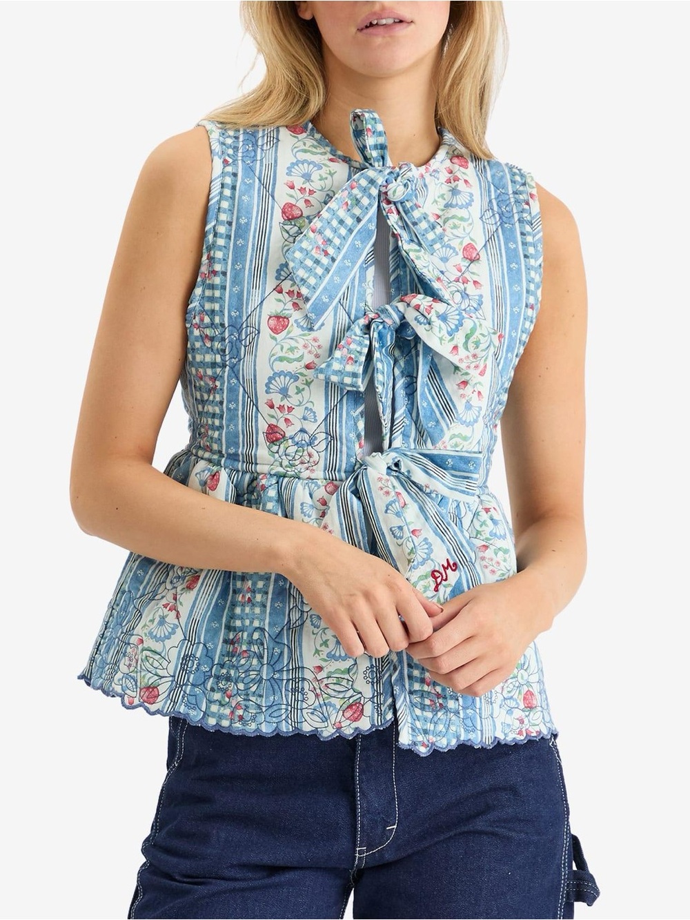 Tie-Neck Floral Stripe Peplum Blouse in Light Blue
